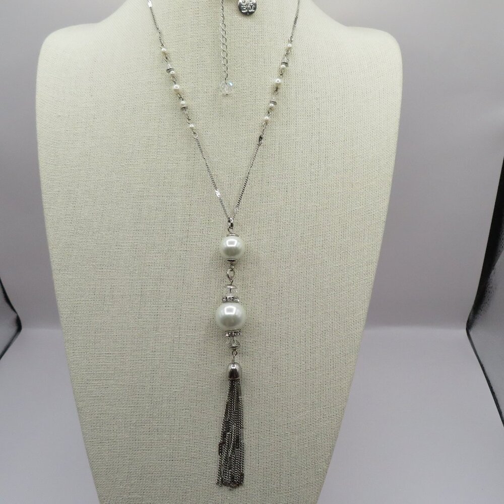 White House Black Market Tassel Faux Pearl Silver Tone Necklace